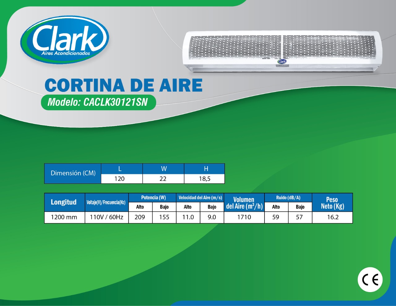 Cortina de Aire Marca Clark, Gabinete de 120 Cm
