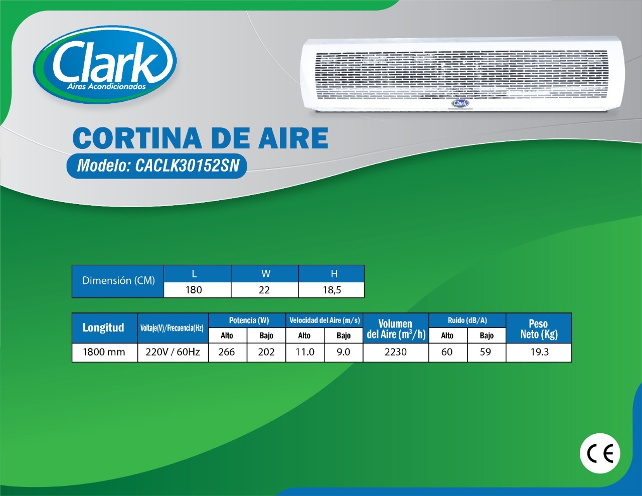 Cortina de Aire Marca Clark, Gabinete de 180 Cm